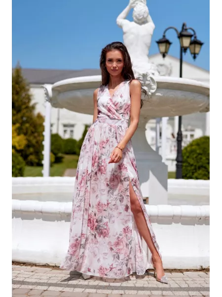 Jasmin - wzorzysta maxi sukienka z rozcięciem na nodze