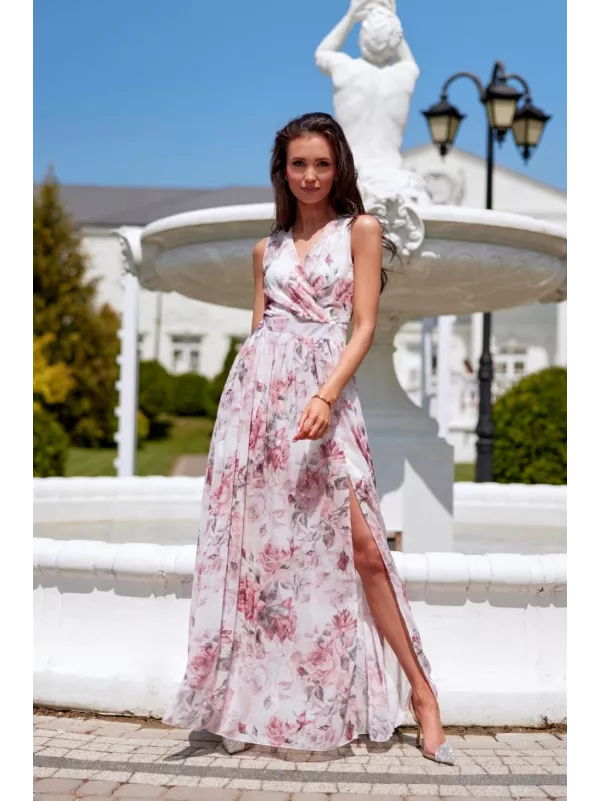 Jasmin - wzorzysta maxi sukienka z rozcięciem na nodze